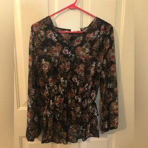 Pleione Black Floral Sheer blouse small Peplum bottom